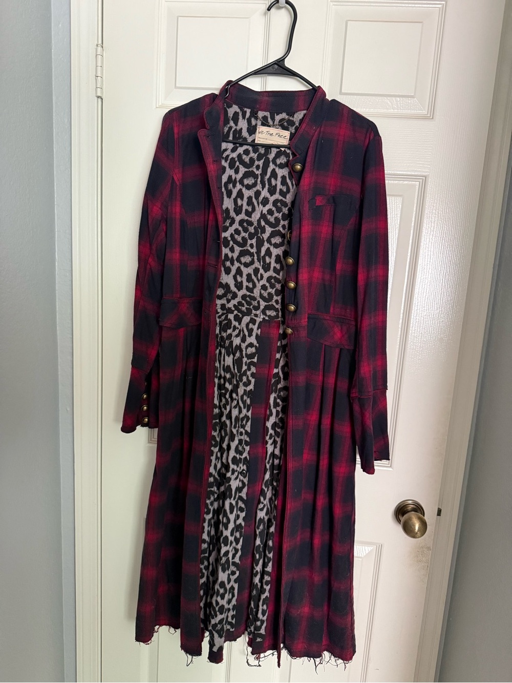 Free People Red & Black Plaid Trench Coat with Leopard Lining